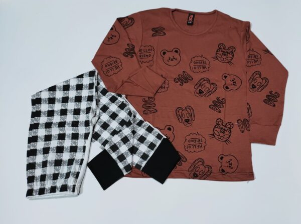 Baby or Baba Brown Hello Friend with Check Style Pajama Night Suit for Kids (1 Pcs) - Image 3