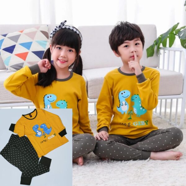 Baby or Baba Yellow 2 Dinosaur With Doted Trouser Print Full Sleeves Night Suit for Kids (1 Pcs) - Image 2