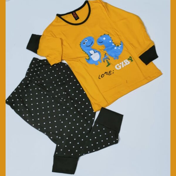 Baby or Baba Yellow 2 Dinosaur With Doted Trouser Print Full Sleeves Night Suit for Kids (1 Pcs) - Image 3