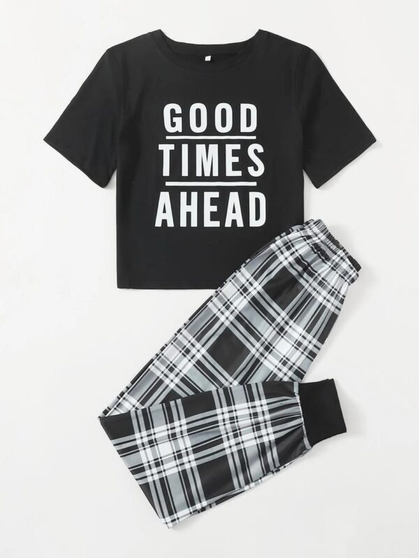 Black Good Things Ahead Printed Half Sleeves T-shirt With Check Printed Trouser Suit