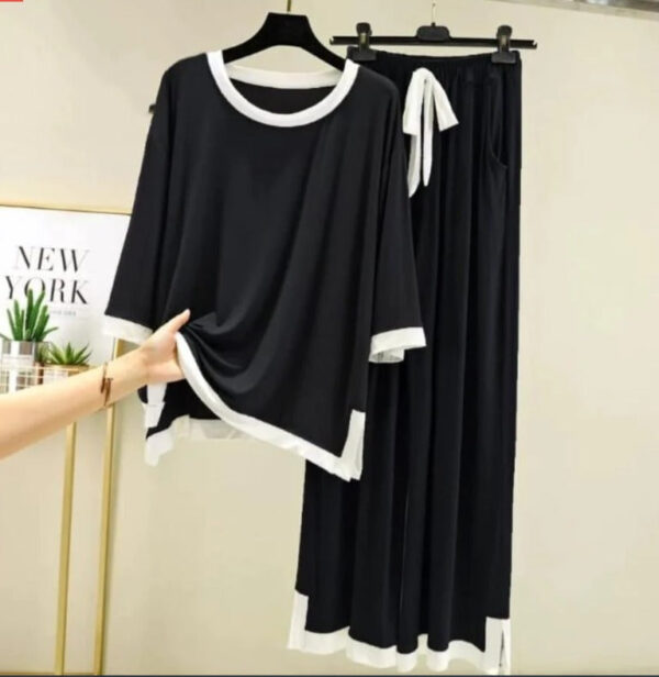 Black White Round Neck Tee & Palazo Women PJ Set - Image 2