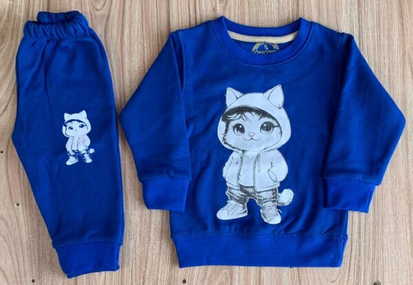 Blue Cute Kitty Print Sweatshirt With Trouser Tracksuit For Kids Baby & Baba Both - Image 2