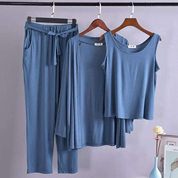 Blue Long Sleeve Gown with Sleeveless Inner Women & Girls Night Suit PJ Set 3 Pieces