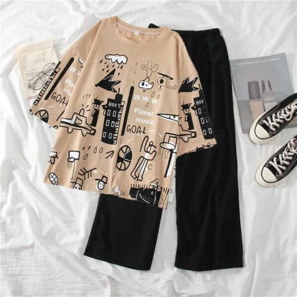 Brown Planet Multi Printed Half Sleeves T-shirt With Plain Black Trouser - Night Dress & Loungewear for Women & Girls (PJ Suit)