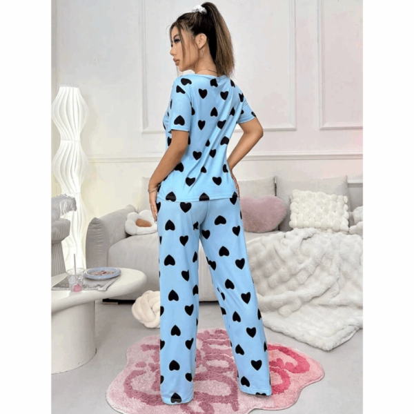 Blue With Black Hearts Print Half Sleeves T-shirt With Hearts Printed Trouser Suit - Image 6