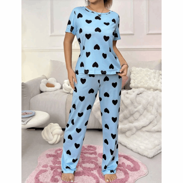 Blue With Black Hearts Print Half Sleeves T-shirt With Hearts Printed Trouser Suit - Image 5