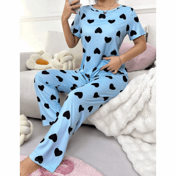 Blue With Black Hearts Print Half Sleeves T-shirt With Hearts Printed Trouser Suit - Image 3