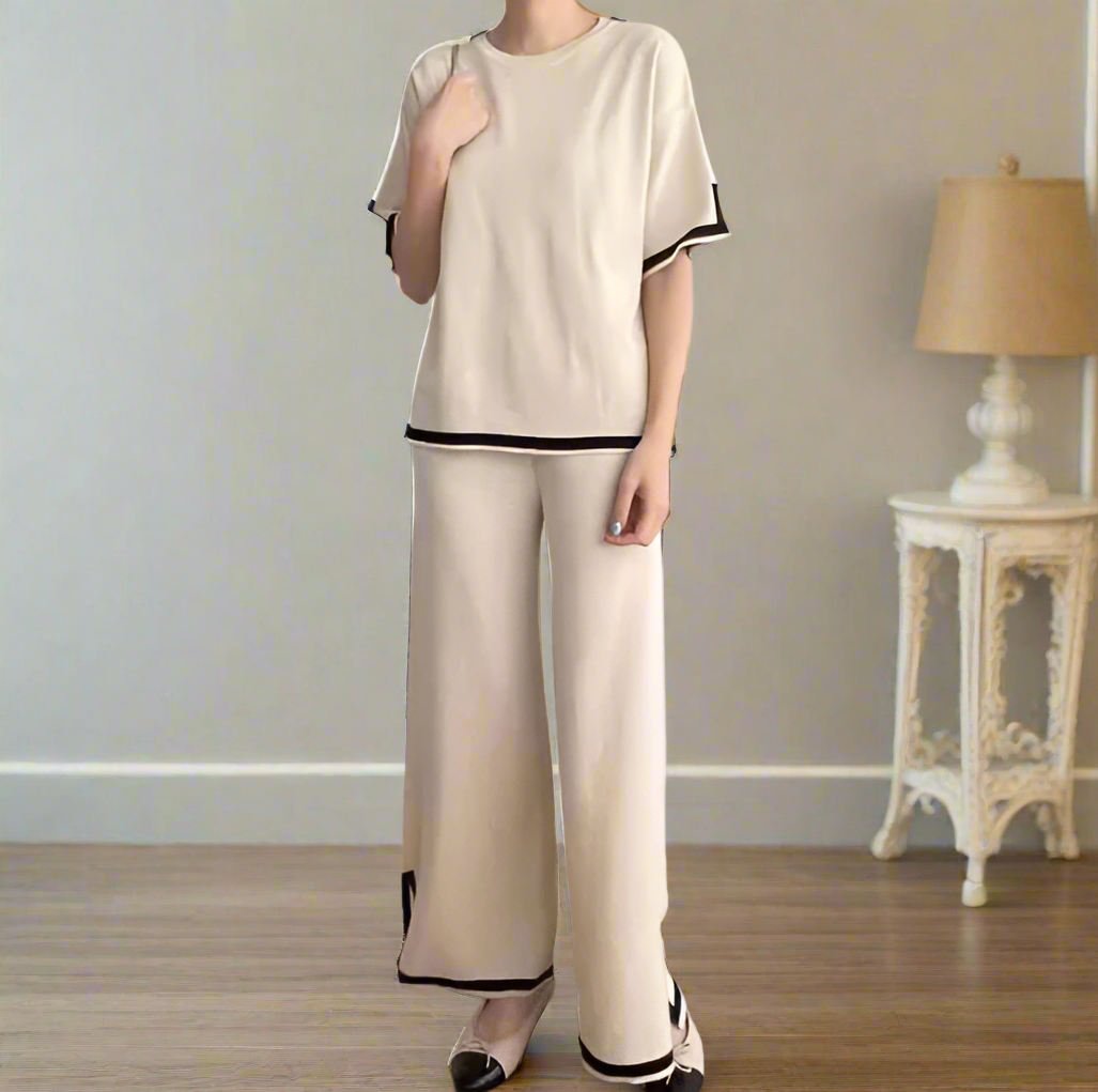 Cream Black Short Sleeve Tee with Palazzo For Women PJ Set - Image 3