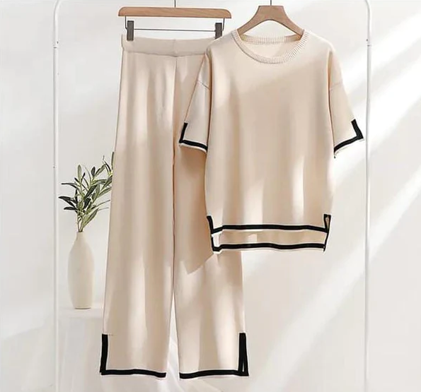 Cream Black Short Sleeve Tee with Palazzo For Women PJ Set