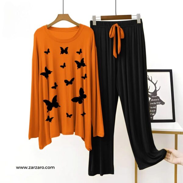 Butterflies Printed Copper Orange T Shirt with Black Plazzo Nightwear Loungewear