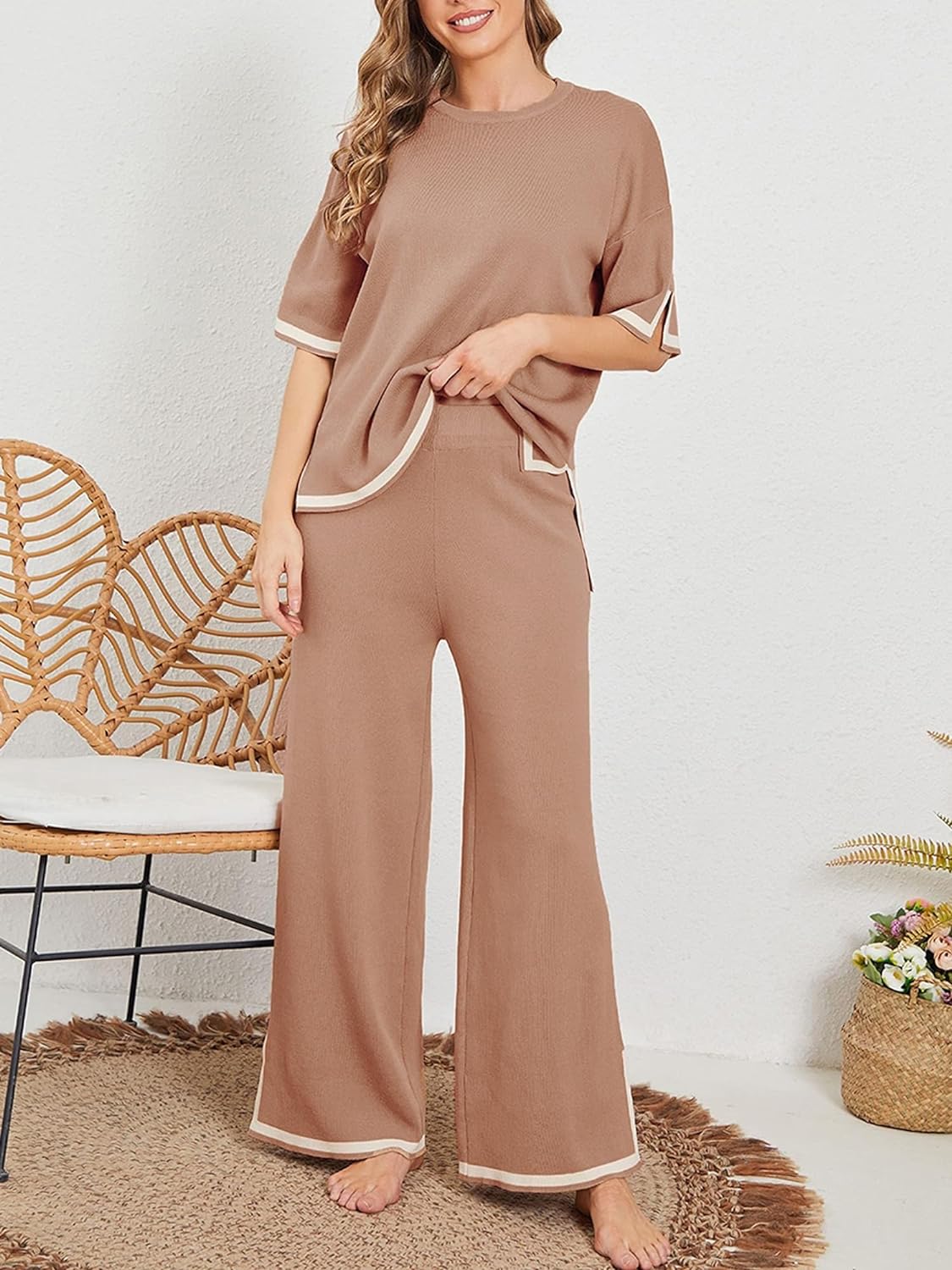 Coffee Brown Short Sleeve Tee with Palazzo For Women PJ Set - Image 2