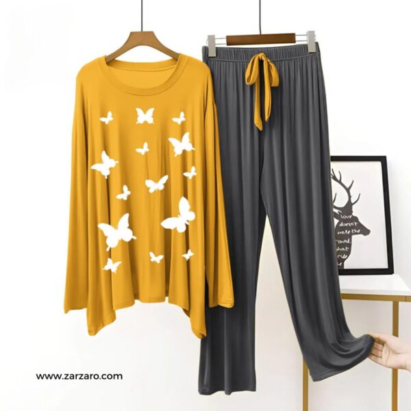 Butterflies Printed Mustard T Shirt with Grey Plazzo Nightwear Loungewear