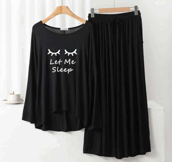 Deep Black Let Me Sleep Round Neck Plazzo PJ Set - Image 3