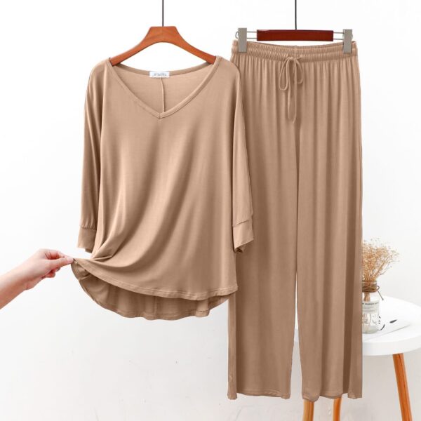 Fawn Color V Neck Tee with Plazzo PJ Set