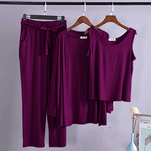 Burgendy Pink Long Sleeve Gown with Sleeveless Inner - Night Dress & Loungewear for Women & Girls (PJ Suit)3 Pieces