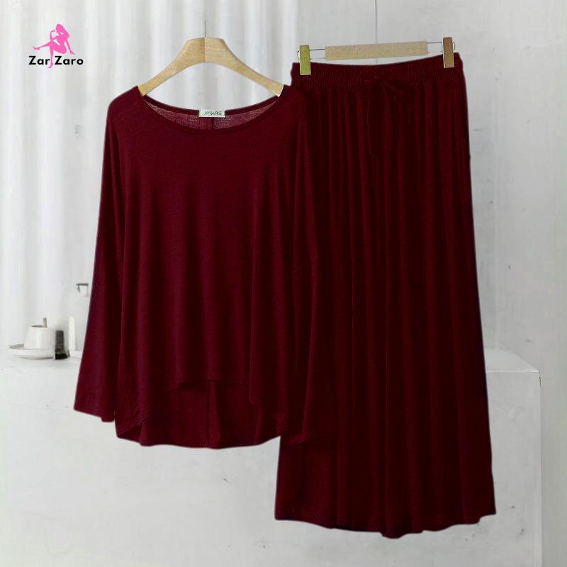 Deep Maroon Round Neck Tee & Loose Palazo & Sleeves - Night Dress & Loungewear for Women & Girls (PJ Suit) - Image 2
