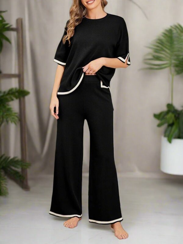 Deep Black Short Sleeve Tee with Palazzo For Women PJ Set - Image 3