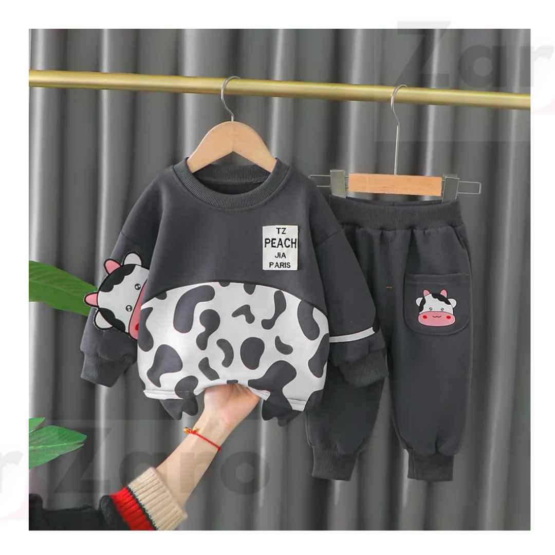 Charcoal Grey And White Cow Print Sweatshirt With Trouser For Kids Baby & Baba Both