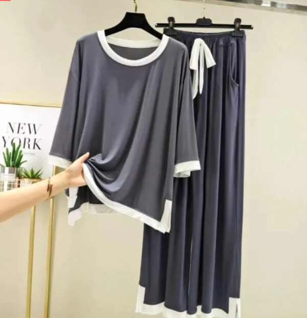 Grey White Round Neck Tee & Palazo Women PJ Set - Image 2