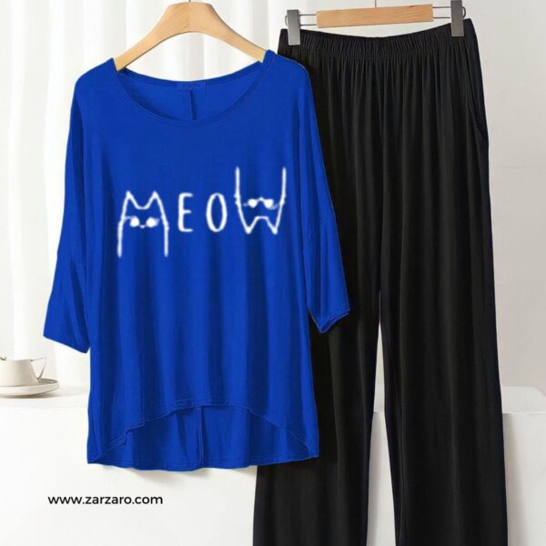 Meow Blue Tee with Contrast Black Plazzo Nightwear