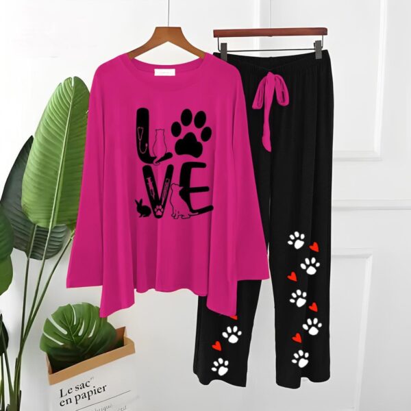 Love Paw Printed Pink T Shirt with Black Paw Plazzo Nightwear Loungewear
