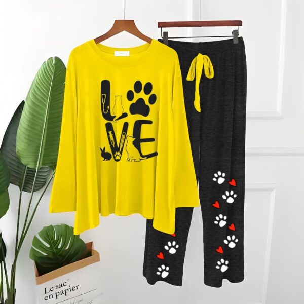 Love Paw Printed Yellow T Shirt with Black Paw Plazzo Nightwear Loungewear