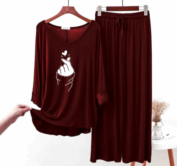 Maroon K-Pop Heart V-Neck Women Tshirt with Loose Trouser (2PcComplete Set) - Night Dress & Loungewear for Women & Girls (PJ Suit) - Image 3