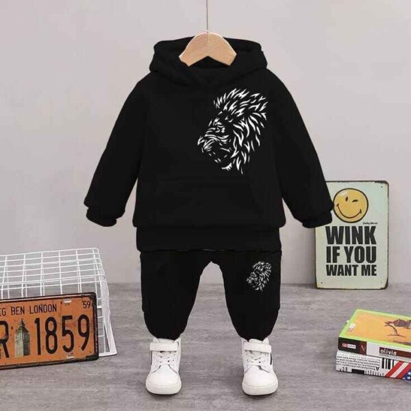 Lion Print Deep Black Printed Sweatshirt With Trouser Tracksuit With Hoodie Set For Kids - Image 2