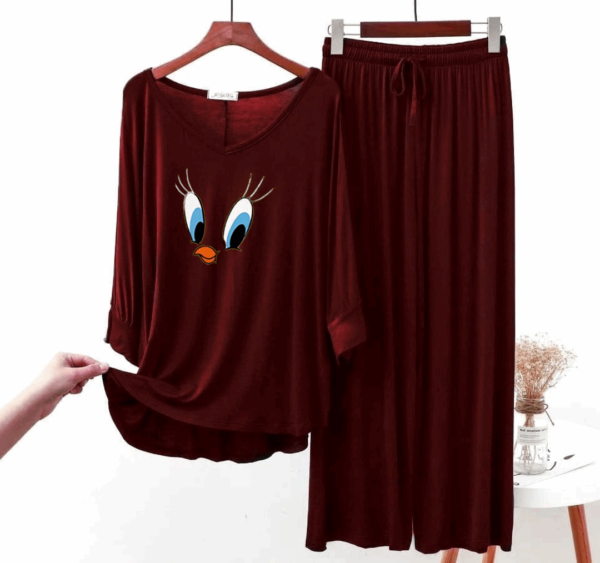 Maroon Daffy Duck Tshirt with Palazzo (2Pc Complete Set) - Night Dress & Loungewear for Women & Girls (PJ Suit) - Image 2