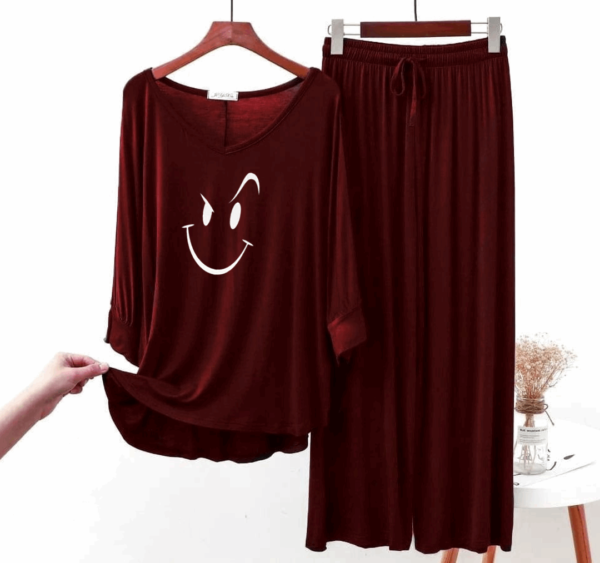 Maroon Smiley Face Women Tee and Palazzo PJ Set - Image 2