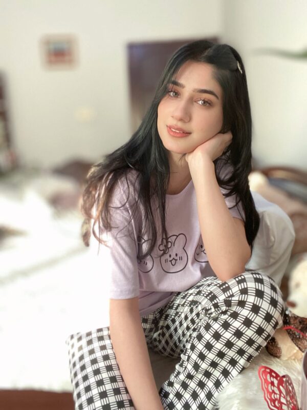 Light Purple Bear Print Half Sleeves T-shirt With Check Trouser Suit - Image 2