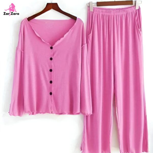 Lush Pink V Neck Button Style Tee & Trouser - Image 2