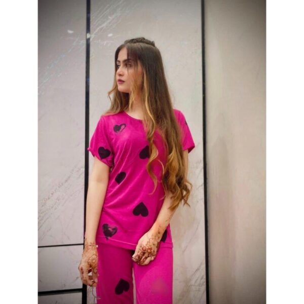Pink - Black Hearts Printed Tee Half Sleeves with Trouser - Image 4