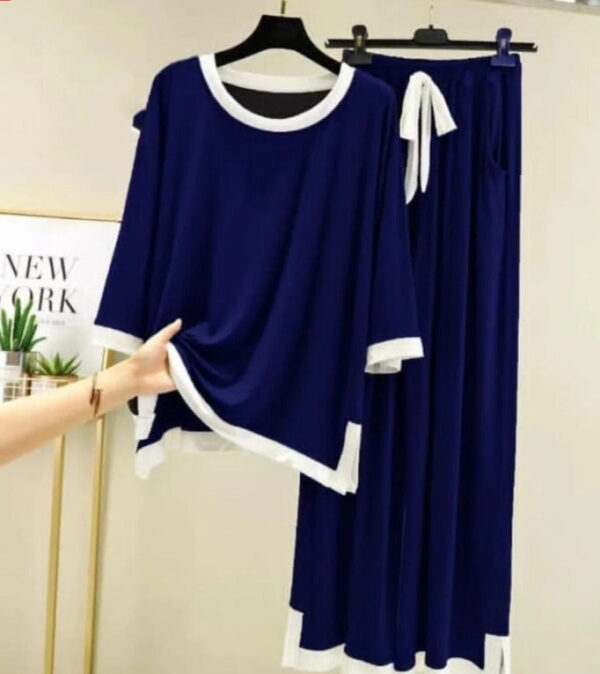 Navy Blue White Round Neck Tee & Palazo Women PJ Set - Image 3