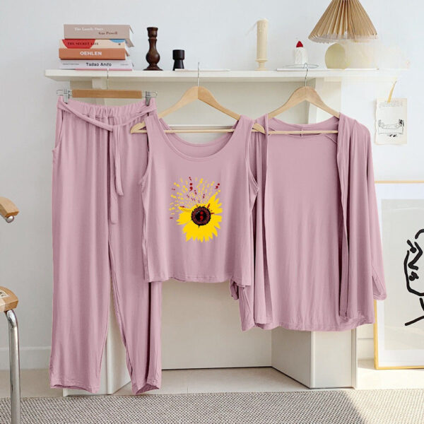 Pink Daisy Long Sleeve Gown with Sleeveless Inner Women Night Suit PJ Set 3 Pieces