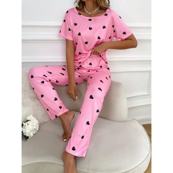 New Pink With Black Hearts Print Half Sleeves T-shirt With Hearts Printed Trouser Suit - Image 2