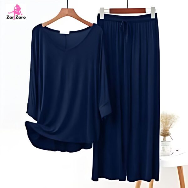 Navy Blue Plain V Neck Tee With Lose Style Palazzo - Image 2