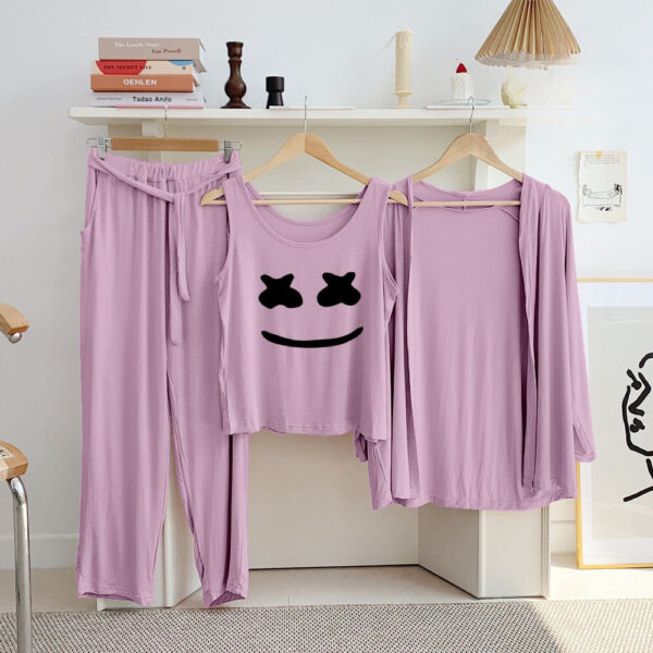Pink Smiley Long Sleeve Gown with Sleeveless Inner Women Night Suit PJ Set 3 Pieces