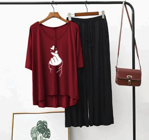 Plain Red K-Pop Heart V Neck T Shirt with Black Plazzo - Image 2