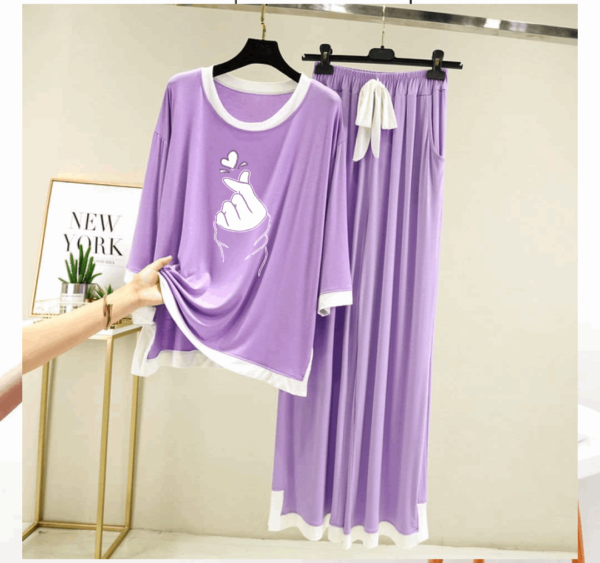 Purple Finger Love White Round Neck Plazzo PJ Set - Image 3