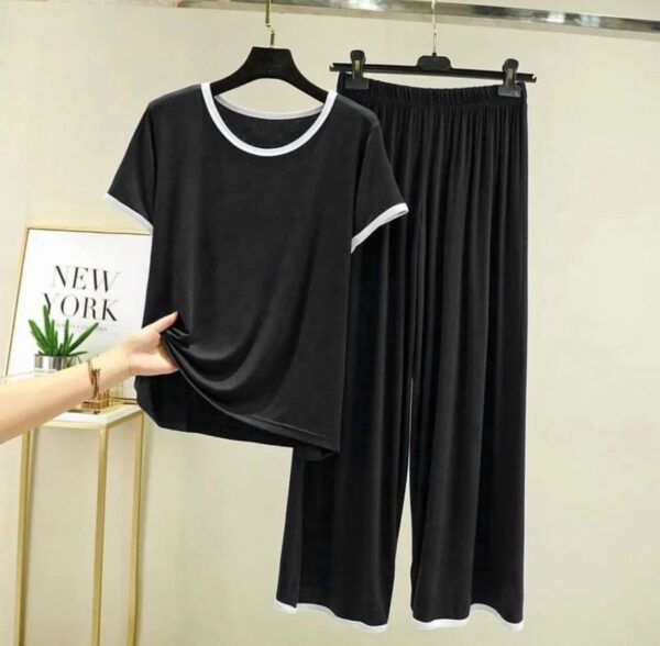 Plain Black Tshirt With White Round Neck And Plazo Pajama (Half Sleeve)