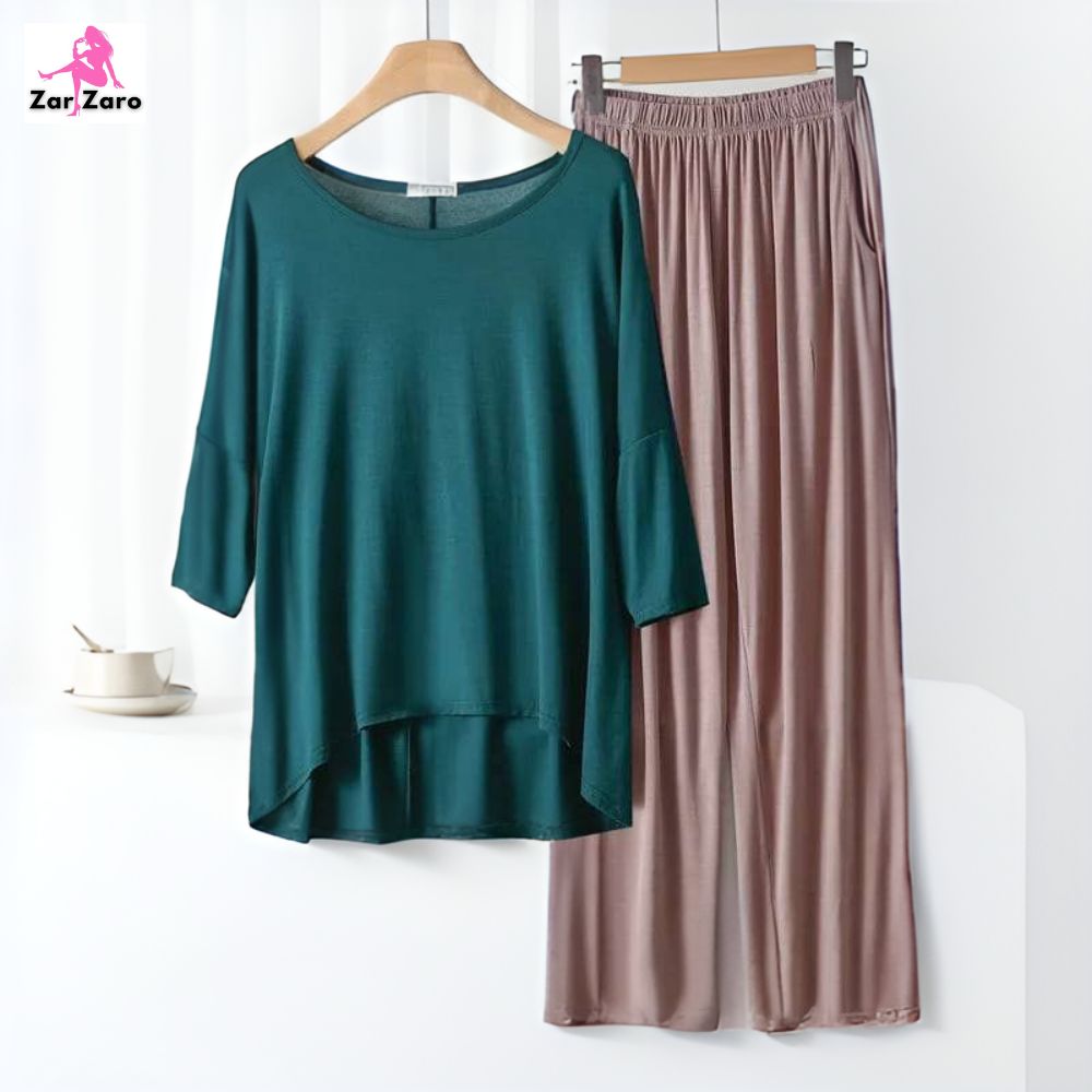 Sea Green T Shirt with Contrast Mustard Plazzo - Image 2