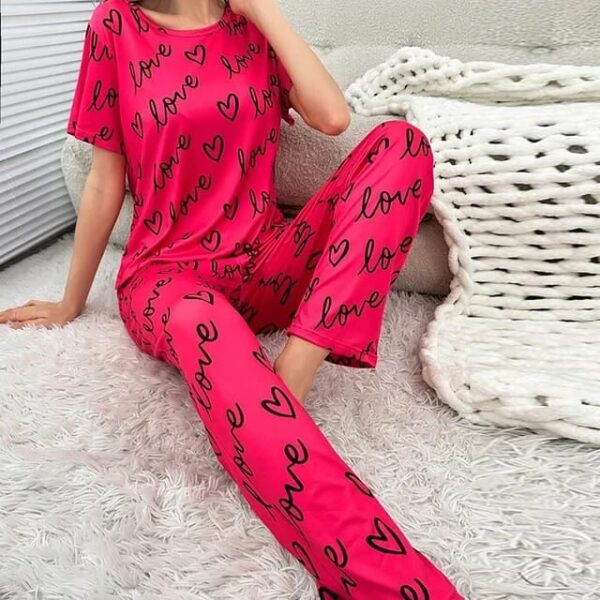 Shocking Pink Love Printed T-shirt And Trouser Suit - Image 3