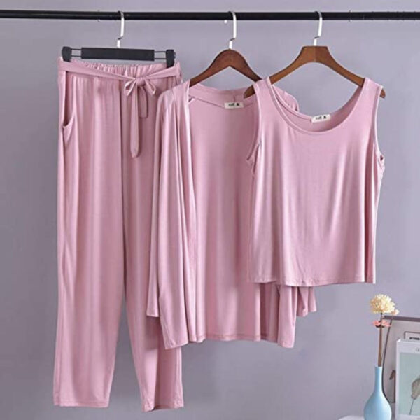 Tea Pink Long Sleeve Gown with Sleeveless Inner Women Night Suit PJ Set 3 Pieces