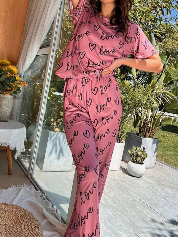 T-Pink Love Heart Tee with Printed Love Trouser Night Suit PJ Set - Image 4
