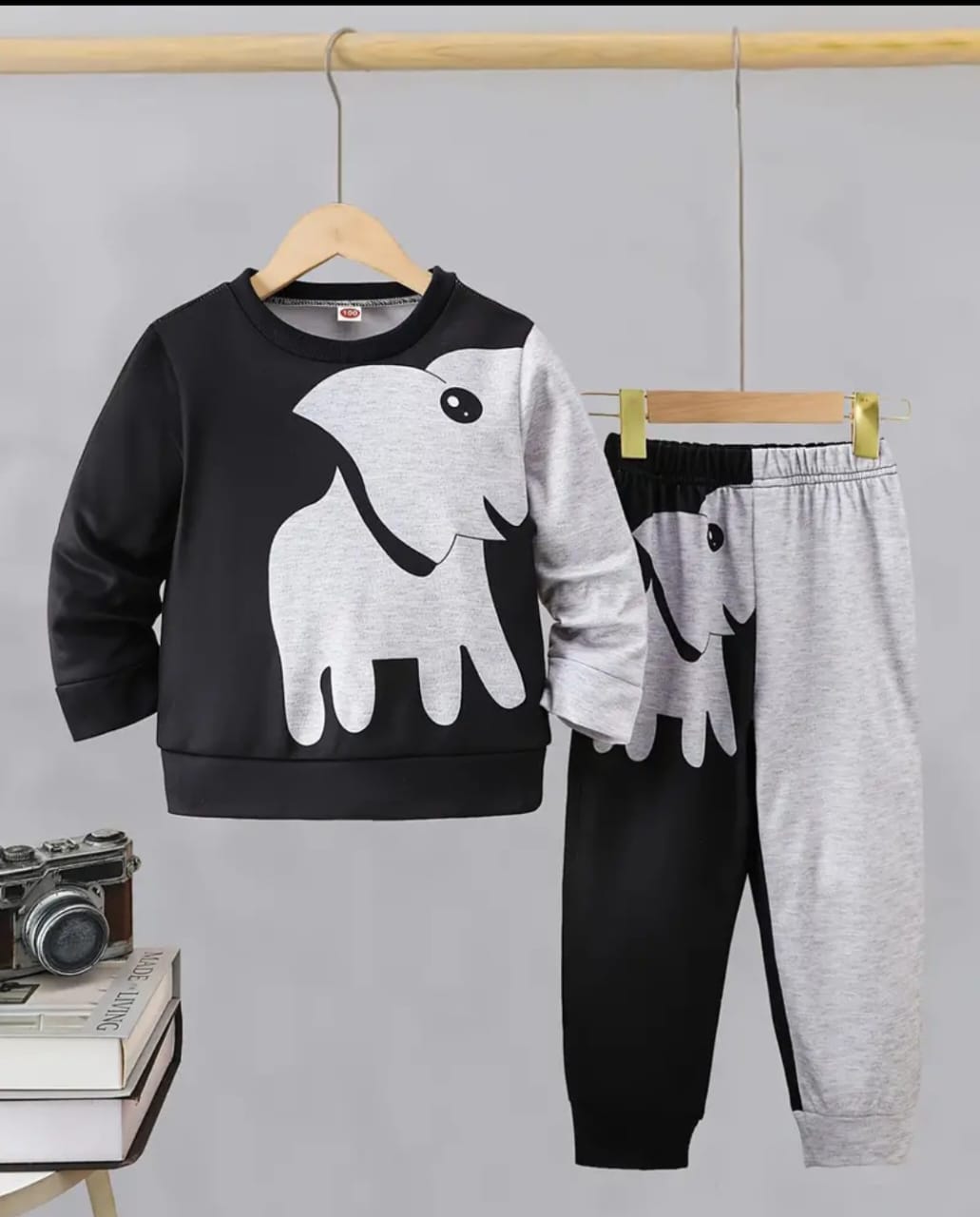Stylish Grey & Black Elephant Printed Sweatshirt With Trouser Tracksuit Set For Kids