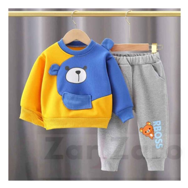 Stylish Cute Yellow With Blue Bear Sweatshirt With Trouser For Kids Baby & Baba Both - Image 2