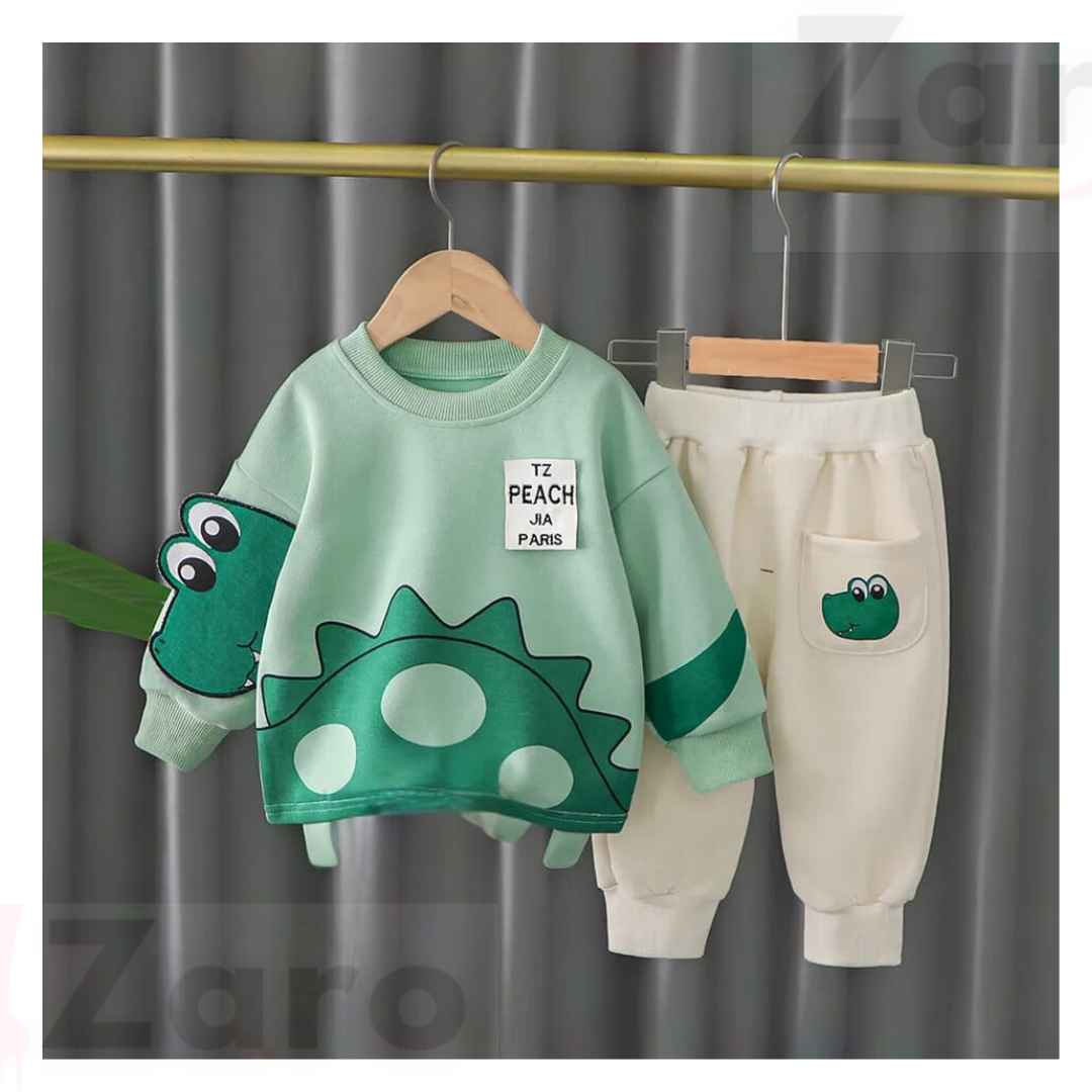 Turkish Green Dino Print Sweatshirt With Trouser For Kids Baby & Baba Both