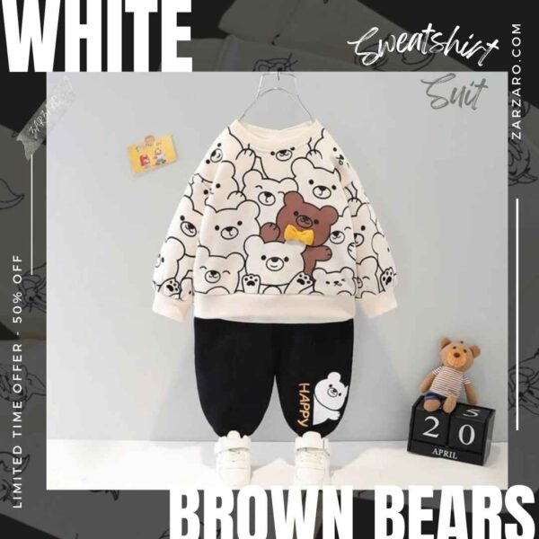 White with Brown Bears Print Sweatshirt With Trouser For Kids Baby & Baba Both
