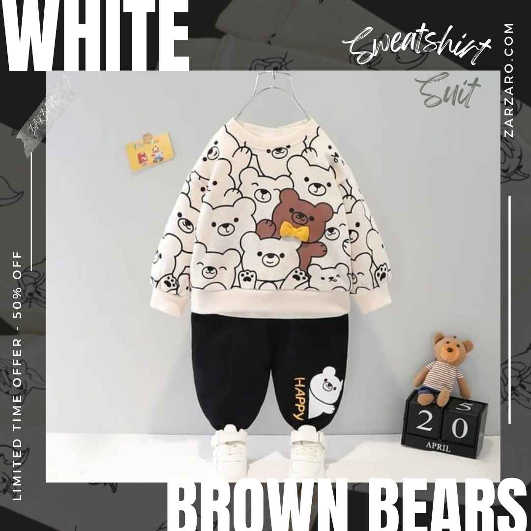 White with Brown Bears Print Sweatshirt With Trouser For Kids Baby & Baba Both